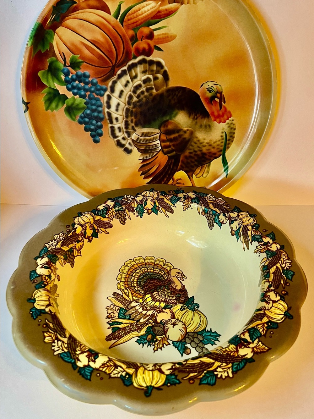 Festive Turkey Serving Bowl and Platter - Yellow Autumn Dinnerware